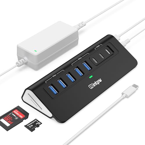 Powered USB Hub 10Gbps, Intpw YH6AC Plus 10 Port USB 3.2 Hub(USB A/USB C 3.2+3 USB-A 3.0+2 PD 45W Fast Charging Port+SD/TF Card Reader), 65W Power Adapter,Aluminum USB HUB for PC,Laptop,iPhone 17/16 - color: Black, size: 6 Data+2 PD Charging Ports +SD&TF