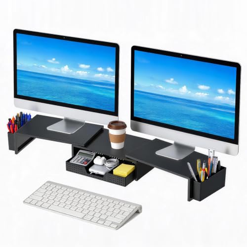 LEKETREE Dual Monitor Riser with Drawer and Pen Holder, Desk Organizer and Accessories, Monitor Stand for Desk, Computer Stand for Desktop, Laptop, TV and More (Black) - color: Black