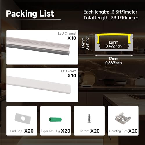 10-Pack 3.3ft/1M U-Shape LED Aluminum Channel System, Silver Profile with Milky White Diffuser Cover, Spotless LED Strip Light Track for Under Cabinet, Stairs, Wall and Ceiling Lighting - color: Silver Aluminum + White Cover, size: 3.3FT/10P/#048