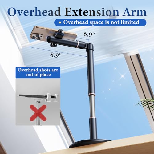 Retractable Phone Stand for Desk,10.2-24.4in Height Adjustable Rotating Phone Holder for Recording,Aluminium Overhead Phone Mount for iPhone & 4.7-7in Cell Phones