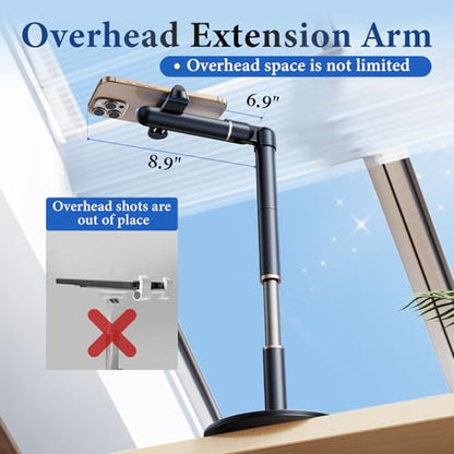 Retractable Phone Stand for Desk,10.2-24.4in Height Adjustable Rotating Phone Holder for Recording,Aluminium Overhead Phone Mount for iPhone & 4.7-7in Cell Phones