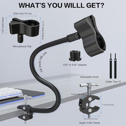 ZealSound Gooseneck Microphone Stand with Clamp, Flexible 19'' Boom Arm Mic Mount for Desk & Pipes, Compatible with Blue Yeti, Snowball, Razer, Pyle, Podcasting & Streaming