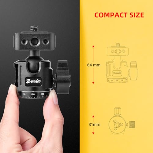 Zeadio Mini Ball Head, All Metal 360° Rotatable Panoramic Tripod Head with 1/4" Screw & Cold Shoe Mount, 10kg/22lbs Load Capacity Compact Camera Mount for DSLR Cameras, Monopod, Tripod, Vlogging etc - style: Dual Cold-shoe Version