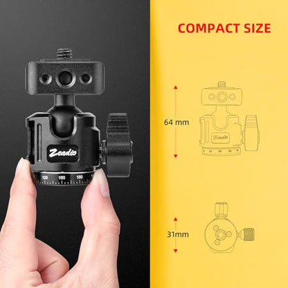 Zeadio Mini Ball Head, All Metal 360° Rotatable Panoramic Tripod Head with 1/4" Screw & Cold Shoe Mount, 10kg/22lbs Load Capacity Compact Camera Mount for DSLR Cameras, Monopod, Tripod, Vlogging etc - style: Dual Cold-shoe Version