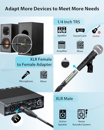 AA AUDIO ACCESSORY XLR Male to 1/4 Cable with XLR Female to Female Adapter Bundle, Rean Connectors from Neutrik, Kevlar-Reinforced Nylon Braided TRS Cable, Balanced Quarter Inch Cord, 6ft, OFC - size: 6ft, style: XLR Male to 1/4 & XLR Adapter