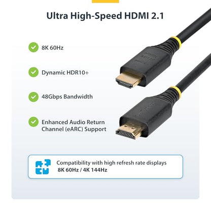 StarTech 15ft Ultra High Speed HDMI Cable, 8K 60Hz, HDR10+, 48Gbps | 8K 60Hz/4K 120Hz, HDMI 2.1 Cord with HDR10+ / eARC, Certified, HDMI21-CBL-8K60-15F - size: 15 ft