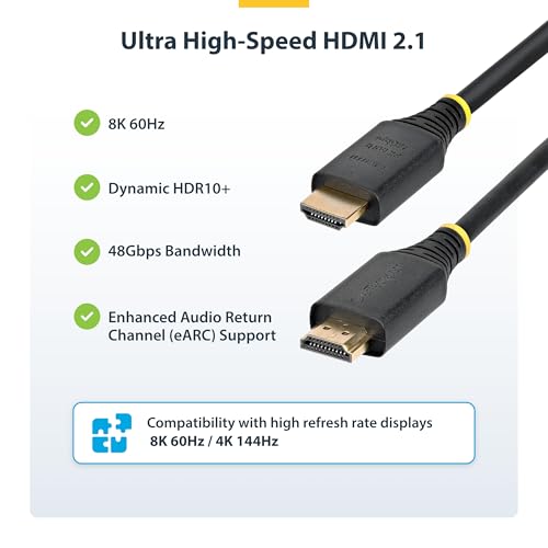 StarTech 6ft Ultra High Speed HDMI Cable, 8K 60Hz, HDR10+, 48Gbps | 8K 60Hz/4K 120Hz, HDMI 2.1 Cord with HDR10+ / eARC, Certified, HDMI21-CBL-8K60-6F - size: 6 ft