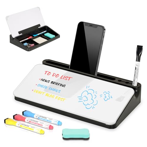 DOLLAR BOSS 12''x7'' Glass Desktop Whiteboard Small Dry Erase Board with Storage Drawer Computer Keyboard Stand Desk Organizer Office Accessories School Supplies with 4 Markers, Black - color: White-black Box, size: 12''x7''