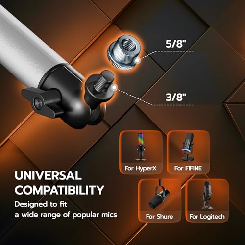 ARES WING Aluminum Low Profile Mic Arm with RGB Light, Adjustable Microphone Boom Arm with 4.4 lbs Load Capacity, 3/8” to 5/8” Screw Adapter, Desk Mount Mic Stand for Gaming Streaming Podcasting