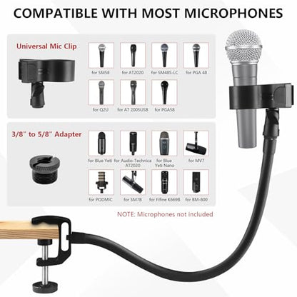 18.9" Gooseneck Microphone Stand, Flexible Adjustable Mic Arm with Super Clamp and Mic Clip, 3/8" to 5/8" Adapter, Microphone Mount Compatible with Shure/Fifine/AT2020/Pyle/Blue Snowball/Razer