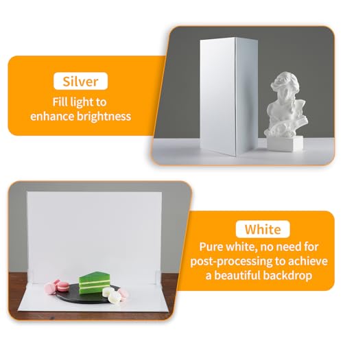 SITTO 2-in-1 Product Photography Backdrops, Flat Lay Photo Boards with 2Pcs Bracket, 17x12 Inch Silver and Bright White Photo Reflector Cardboard for Makeup,Jewelry and Other Small Product - color: White
