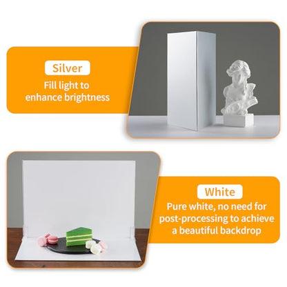 SITTO 2-in-1 Product Photography Backdrops, Flat Lay Photo Boards with 2Pcs Bracket, 17x12 Inch Silver and Bright White Photo Reflector Cardboard for Makeup,Jewelry and Other Small Product - color: White