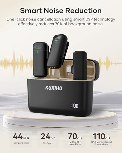 KUKIHO Wireless Lavalier Microphone with Charging Case, 36H Battery Life, Noise Cancellation, 135ft Range, Plug-and-Play Clip-On Mic for iPhone, iPad, Android, YouTube, Vlog, Live Streaming - color: Matte Black, size: With Case