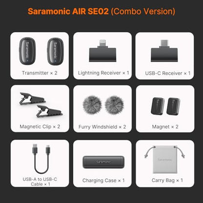 Saramonic Air SE Wireless Lavalier Microphone for for iPhone & Android — Dual Receiver (USB-C + Lightning), AI Noise Cancellation, 48kHz/24bit for YouTube, Podcast, Interview