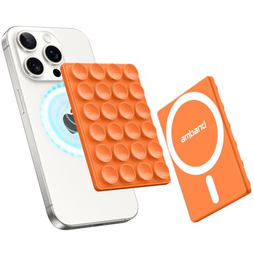 amBand Magnetic Sticky Phone Suction Grip for MagSafe, Removable for Wireless Charging, Durable Magnet Silicone Portable Mount Stand for iPhone 12 13 14 15 16 17, Hands-Free Video/Selfie, Orange - color: Orange
