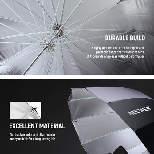 NEEWER 51"/130cm Parabolic Reflective Umbrella Photography with Silver Inner, Soft Lighting with Diffuser Cover, Bag, Quick Fold for Camera Photo Studio Video Light Shooting Monolight Flash, NS2U - color: Silver, size: 51"