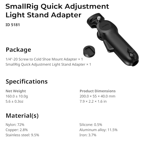SmallRig Quick Adjustment Light Stand Adapter, One-Button 180° Pitch Adjustment, 3kg Load Capacity, for COB Video Light/Camera/Phone Clips, for On-Camera Flash, 5181