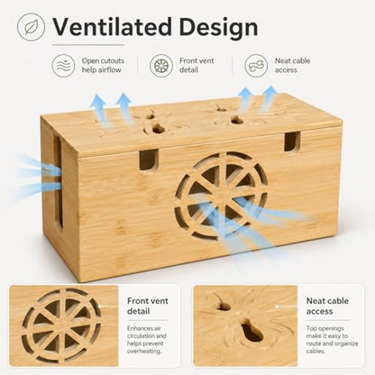 Cable Management Box - Large Bamboo Cord Organizer for Desk and Home Office - Power Strip Hider with Ventilation, 15.7 x 6.7 x 6.7in