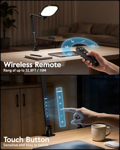 Desk Lamps for Home Office, 2000LM Eye-Caring Desk Light with Clamp, Dimmable Zoom Lighting with 3 Colors & 10 Brightness, Remote Computer Ring Light for Video Calls,Conference, Reading, CRI>97.8 - color: Black