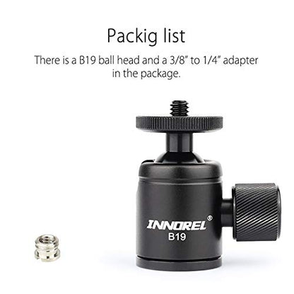 Mini Tripod Ball Head-INNOREL B19 Mount Head-Metal Ballhead 360° Pan 90° Tilt Tripods Mount with 3/8" to 1/4" Adapter CNC Ballheads,Max Load 6.61 lb for Phone/DLSR Camera/Mini Holder (1 Piece)