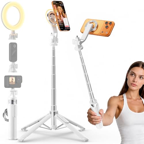 360° Rotation Magnetic Selfie Stick Tripod for iPhone with 1/4" Screw, 53" Cell Phone Tripod with Wireless Remote, 4-Leg Stable Base Tripod for IPhone 17 Pro Video Recording,TikTok Creator,Vlog,Travel - color: White