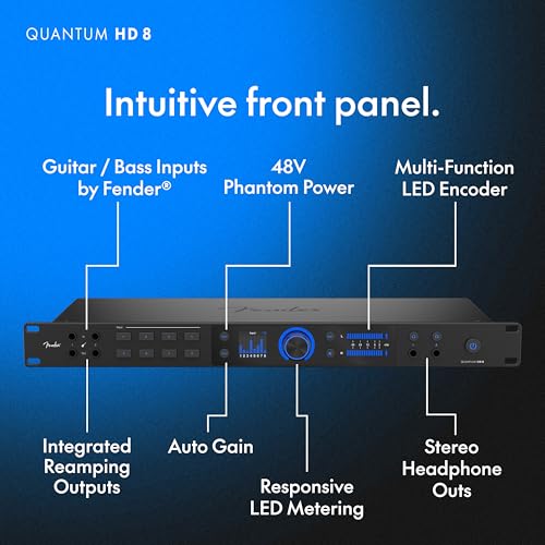 Fender Quantum HD 8 | 26x30 USB-C Audio Interface for Music Production, Next-Gen MAX-HD Mic Preamps, Instrument Inputs, ADAT & S/PDIF I/O, Auto Gain, Re-Amp Outputs, Loopback, Headphone Amp, Mac & PC | 26x30 USB-C Audio Interface with Max-HD Mic Preamps,