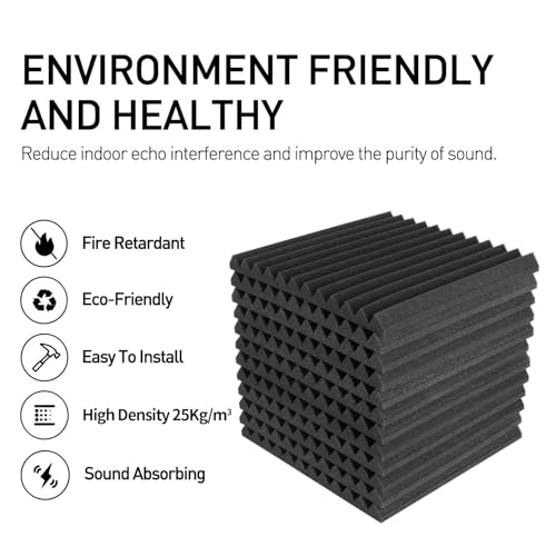 Focusound 52 Pack Acoustic Foam Panels 1" x 12" x 12" Sound Proof Foam Panles Soundproofing Noise Cancelling Wedge Panels for Home Office Recoding Studio with 300PCS Double-Side Adhesive - size: 52 Pack