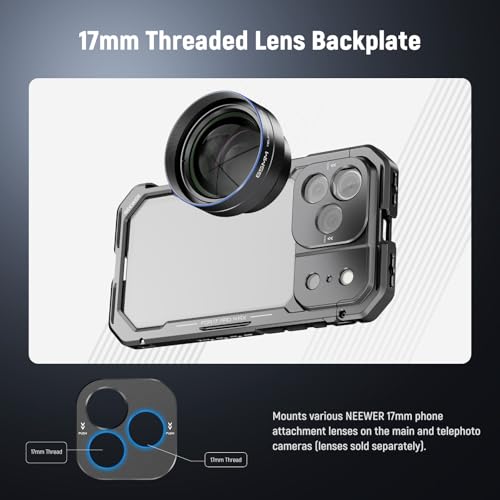 NEEWER Phone Cage Compatible with iPhone 17 Pro Max, Quick Release Video Rig Stabilizer Accessories with 67mm Filter Ring, 17mm Lens Backplate, T Mount Adapter, 4X Camera Control Cap, PA144 (Black)