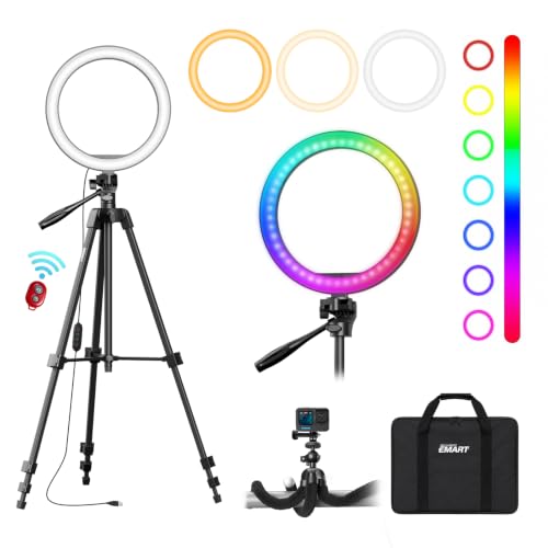 EMART 10’’ Ring Light with 55’’ Extendable Tripod Stand & Phone Holder, 16 RGB Colors Modes, 10 Dimmable Levels LED Circle Selfie Lights with Wireless Remote for Makeup Streaming YouTube TikTok