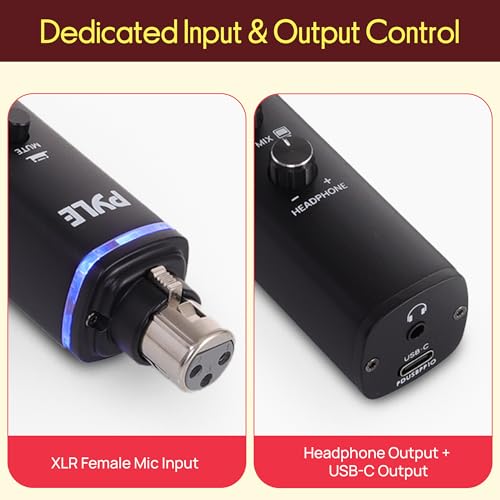 Pyle Microphone XLR-to-USB Signal Adapter - Universal Plug and Play XLR Mic to PC Adaptor for Digital Recording w/ Mix Audio Control, +48V Phantom Power, Headphone Volume, USB Cable - PDUSBPP10