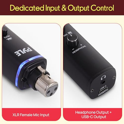 Pyle Microphone XLR-to-USB Signal Adapter - Universal Plug and Play XLR Mic to PC Adaptor for Digital Recording w/ Mix Audio Control, +48V Phantom Power, Headphone Volume, USB Cable - PDUSBPP10