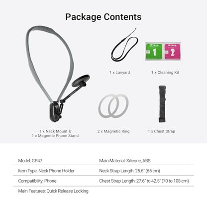 NEEWER Magnetic Phone Neck Holder, Quick Release Cell Phone Chest Mount Stand Adjustable Compatible with MagSafe iPhone Samsung Android, Accessories Kit for POV Vlogging Selfies Video Recording, GP47 - style: GP47