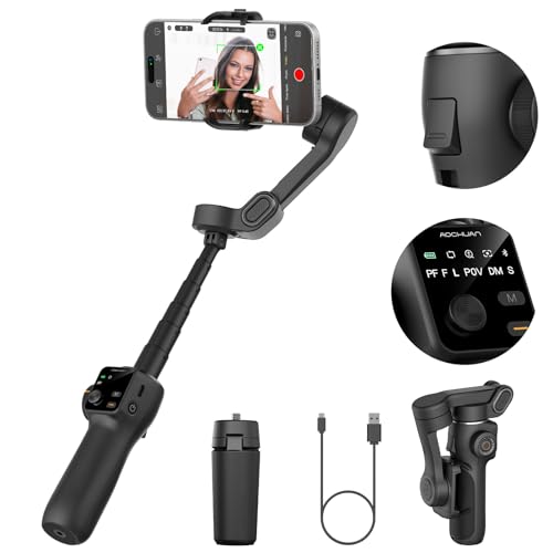 AOCHUAN 3-axis Gimbal Stabilizer for iPhone w/Built-in 7.8' Extension Rod, Smartphone Gimbal w/AI Tracking, Portable Phone Holder for iPhone & Android w/Full-Screen OLED Display, Smart V8(Black) - color: Black, size: Smart V8