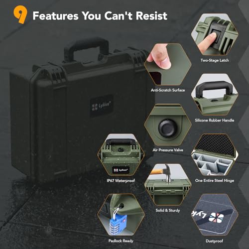 Lykus PVC1 Waterproof Hard Camera Case with Padded Dividers for Cameras, Lenses, Dual DJI Mavic/Air/Mini/Flip drones - color: Green PVC1