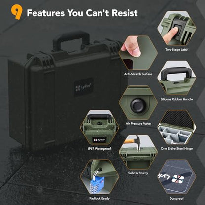 Lykus PVC1 Waterproof Hard Camera Case with Padded Dividers for Cameras, Lenses, Dual DJI Mavic/Air/Mini/Flip drones - color: Green PVC1