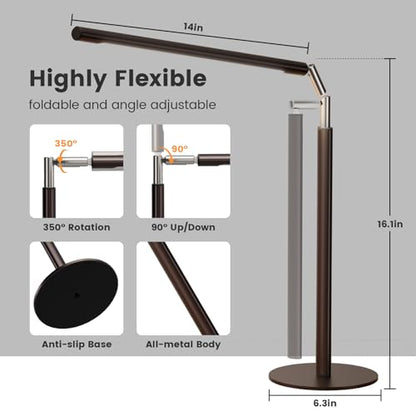 SIBRILLE Brown LED Desk Lamp, 16" Dimmable Metal Desk Light with Base, 15W 1200LM, Adapter Included, Color & Brightness Adjustable, Modern Tall Table Lamp for Home Office Reading Study Task Laptop - color: Brown