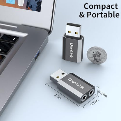 QianLink USB to 3.5mm Audio Adapter (2-Pack),External Stereo Sound Card with Dual TRS 3-Pole 3.5mm Headphone and Microphone Jack for PS4/PS5/PC/Laptop, Built-in Chip Mic-Supported Headphone Adapter