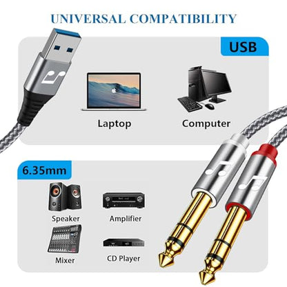 USB to 1/4 inch Audio Cable, USB to Dual TS Mono Cable, 6.35mm TS to USB-A Y-Splitter Audio Cable for Pc, Laptop Link to Amplifier, Mixing Console, Speaker - 6 Feet - size: 6Feet