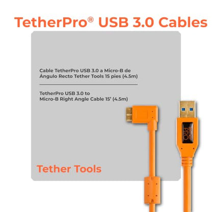 Tether Tools TetherPro USB 3.0 to Micro-B Right Angle Cable | for Fast Transfer and Connection Between Camera and Computer | High Visibility Orange | 15 Feet (4.6 m) - color: Orange