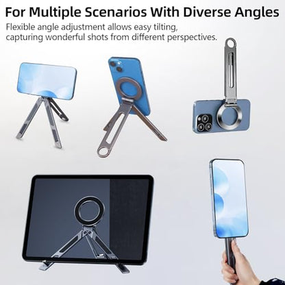 Magnetic Phone Tripod Stand for iPhone iPad, Aluminium Portable Phone Tablet Holder with Carabiner Smartphone Mini Tripod Stand Strong Magnet Compatible with iPhone 17 16 15 14 13 12 iPad Series