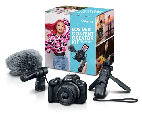 Canon EOS R50 Content Creator Kit, Hybrid Mirrorless Camera with RF-S18-45mm F4.5-6.3 IS STM Lens, Tripod Grip, Microphone, Wireless Remote Control, 24.2 MP CMOS (APS-C) Sensor, Vlogging Camera, Black | Includes Canon Eos R50 Mirrorless Camera, Digic X, R