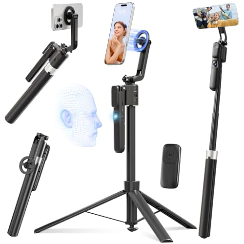 Magnetic Auto Face Tracking Tripod for iPhone that Follows Your Movement, 71" Portable Selfie Stick Tripod with Remote 360 Rotation, Magnetic Phone Tripod Stand for Vlogging, Travel, Video Recording