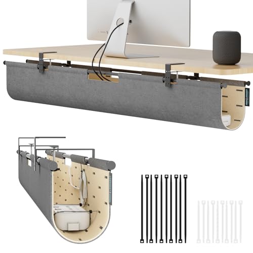 No Drill Under Desk Cable Management Tray, 45.2" Felt Cord Organizer | Convertible Cable Tray & Privacy Panel, Clamp or Screw Mount, Pegboard Wire Management, Dual-Layer Felt, Standing Desk