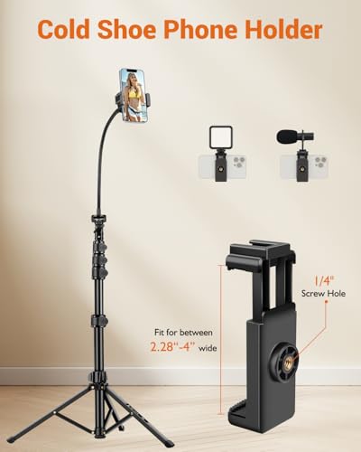 Phone Tripod, 85" Tall Tripod for iPhone with Remote, Gooseneck and Phone Holder, Overhead Phone Stand for Video Recording Watching Cooking Fitness Vlog, Compatible with iPhone Android, Black - size: 85 inch