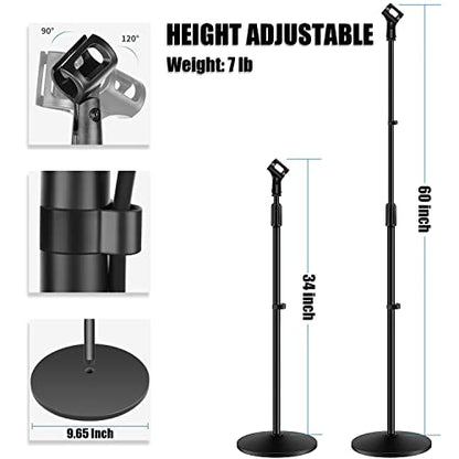 GLEAM Microphone Stand, Mic Stand Floor Detachable Boom Mic Arm Stands with Weighted Round Base, Height Adjustable from 34" to 60"