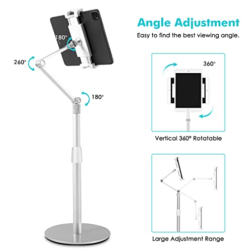 Viozon Tablet Phone Overhead Stand, Height & 360 Degree Angle Adjustable, Aluminum Desktop Stand, Compatible with 3.5-11" Cellphone or Tablet Such as iPhone iPad Pro Air Mini, Samsung, Nexus(AP-4PS) - color: Silver