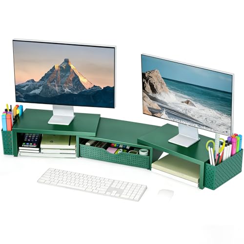 Spacrea Metal Desk Organizers and Accessories, Dual Monitor Stand Riser with Drawer and 2 Pen Holders, Desk Accessories & Workspace Desktop Organizers for Office Supplies (Dark Gree) - color: Dark Gree
