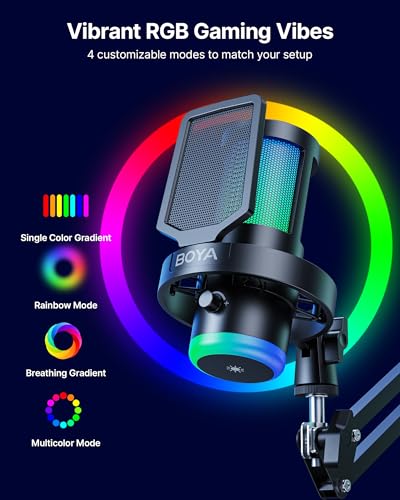 BOYA USB Gaming Microphone with Boom Arm, 192kHz/24bit, Supercardioid + ENC Noise Cancellation, Touch Mute, 9 RGB Effects, Gain Knob, Monitor Jack, Microphone for PC/PS4/PS5/Mac/Android/iOS - size: Boom Arm Version