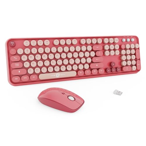 FD Wireless Keyboard and Mouse Combo | Cute Colorful Keyboard and Mouse with 2.4GHz Cordless Retro Typewriter Keyboard | Auto-Sleep | USB Receiver for Windows PC/Laptop - Pink Colorful - color: V2020 Pink Colorful