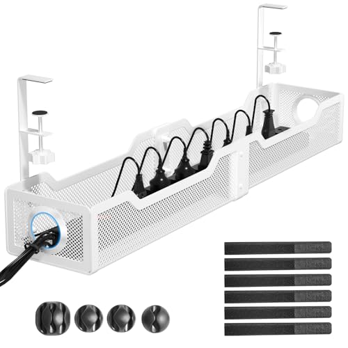 [Upgraded] 25" Extra Large Under Desk Cable Management, Cinati Wire Organizers No Drill, Cable Tray with Clamp for Wire Management, Cord Organization Box for Office, Home - No Damage to Desk(White) - color: White, size: 25"-1 Pack